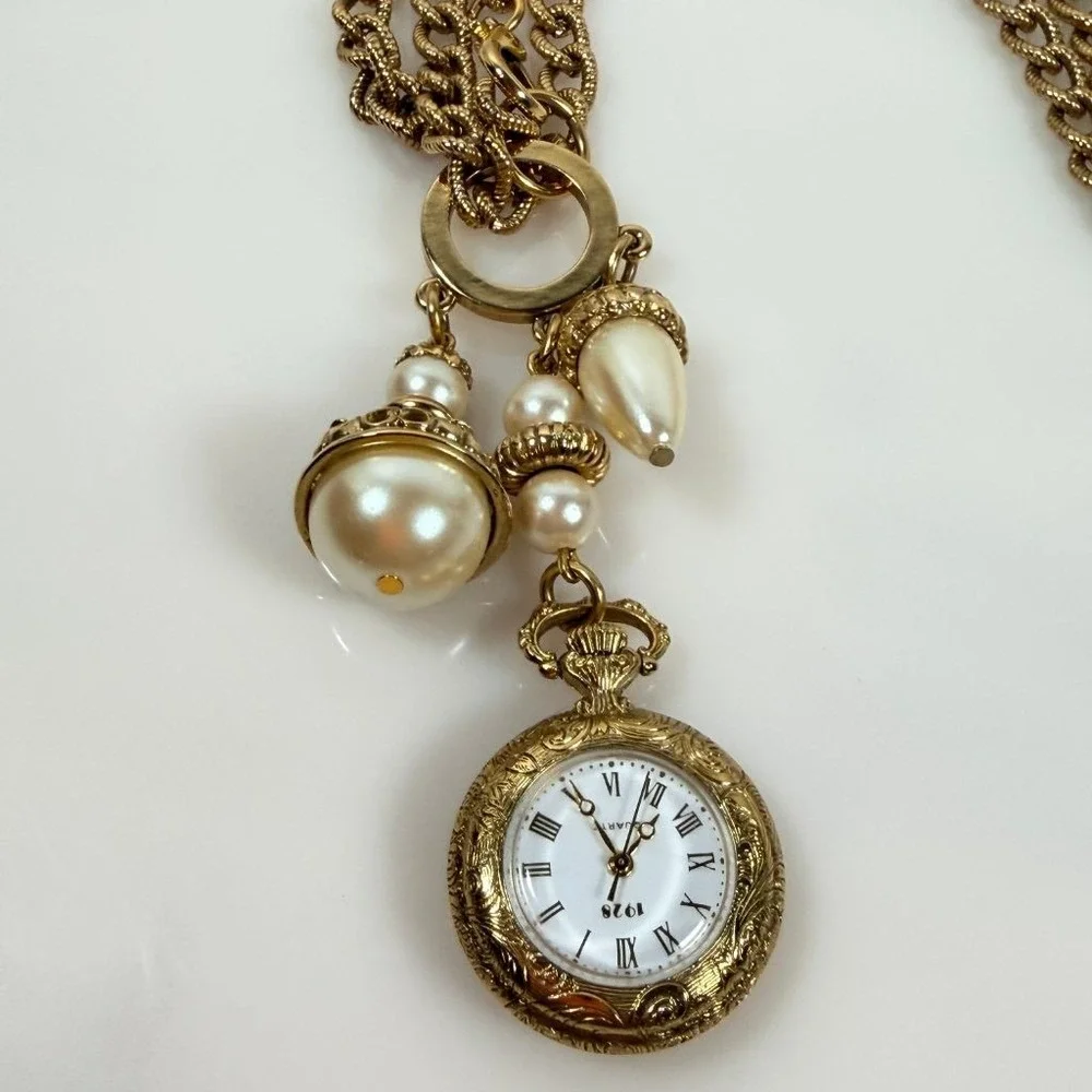 Vintage 1928 Watch Necklace Faux Pearl Dangle Drop 32